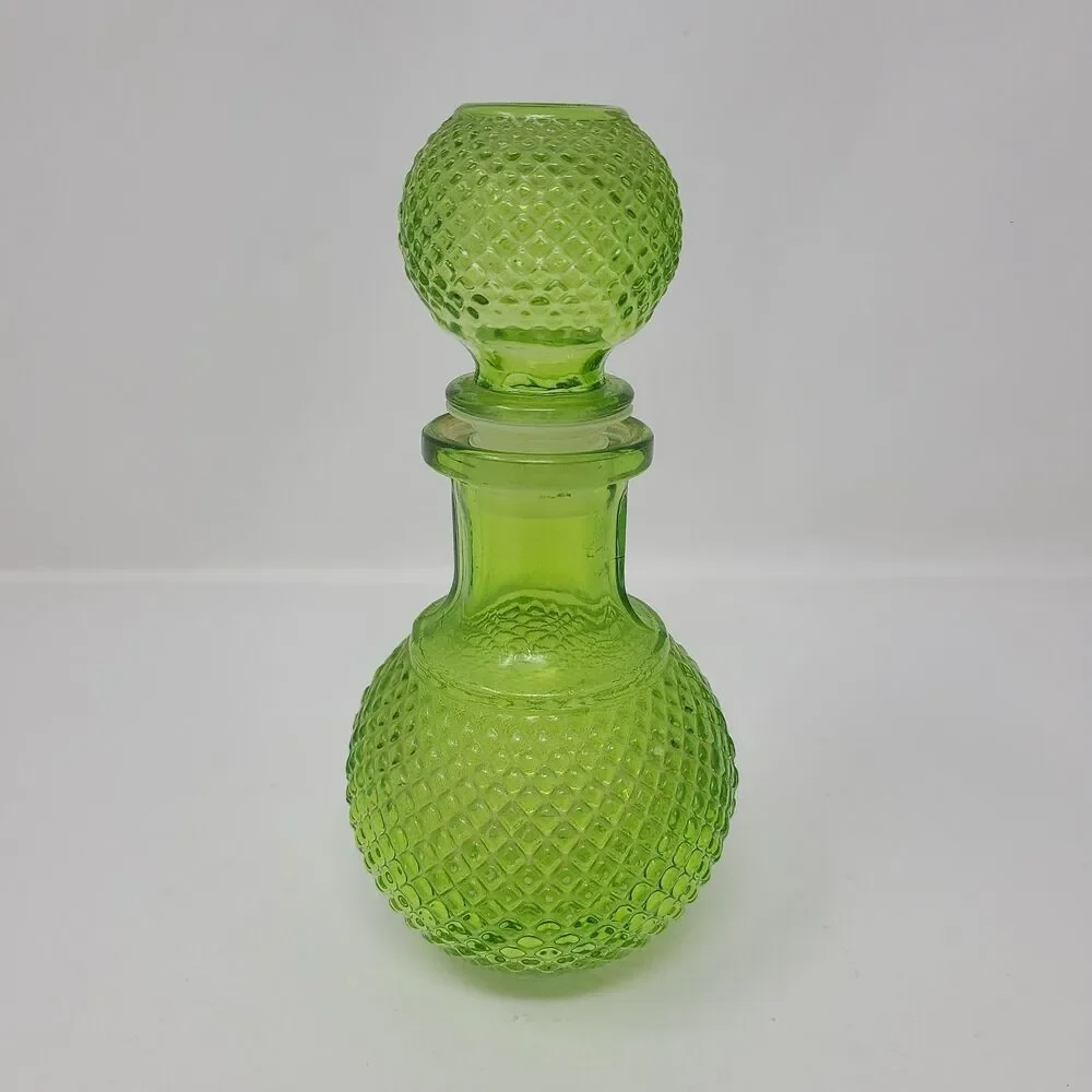 Vintage MCM Green Glass Genie Bottle Decanter Diamond Cut Textured 1970s